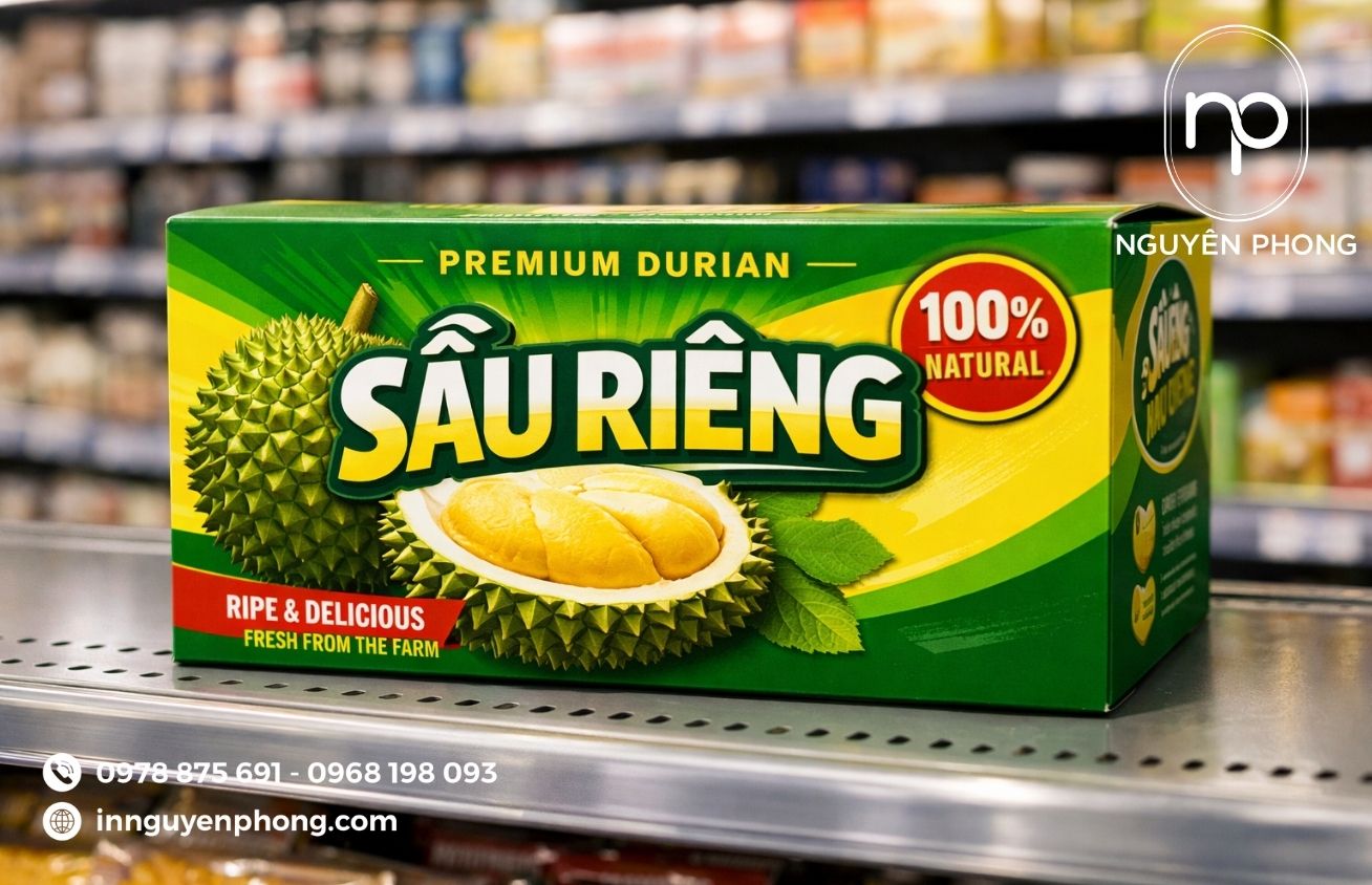 Mẫu in thùng carton đựng sầu riêng chắc chắn 
